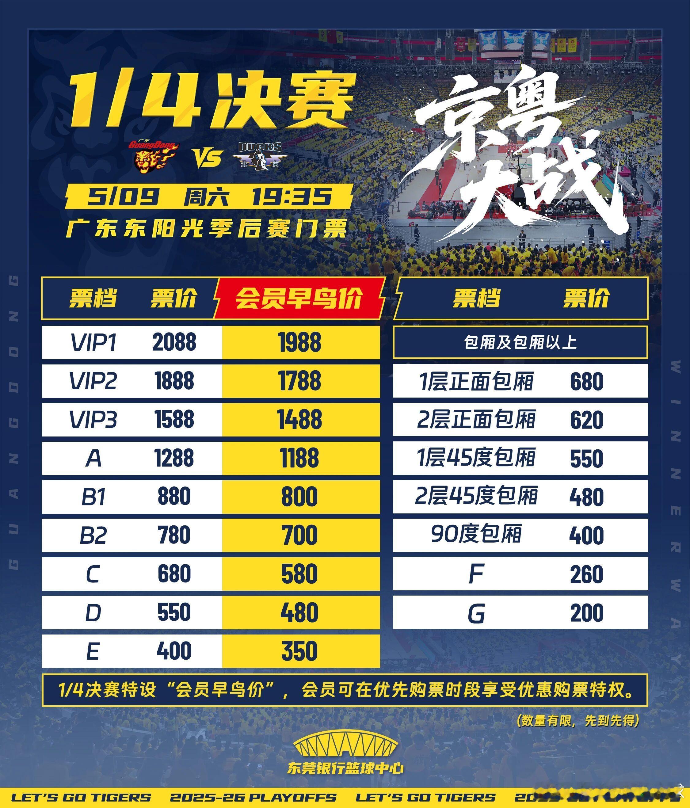 5月9号 CBA季后赛京粤大战G2开售半小时，已经全部售罄火爆程度可想而知所以大