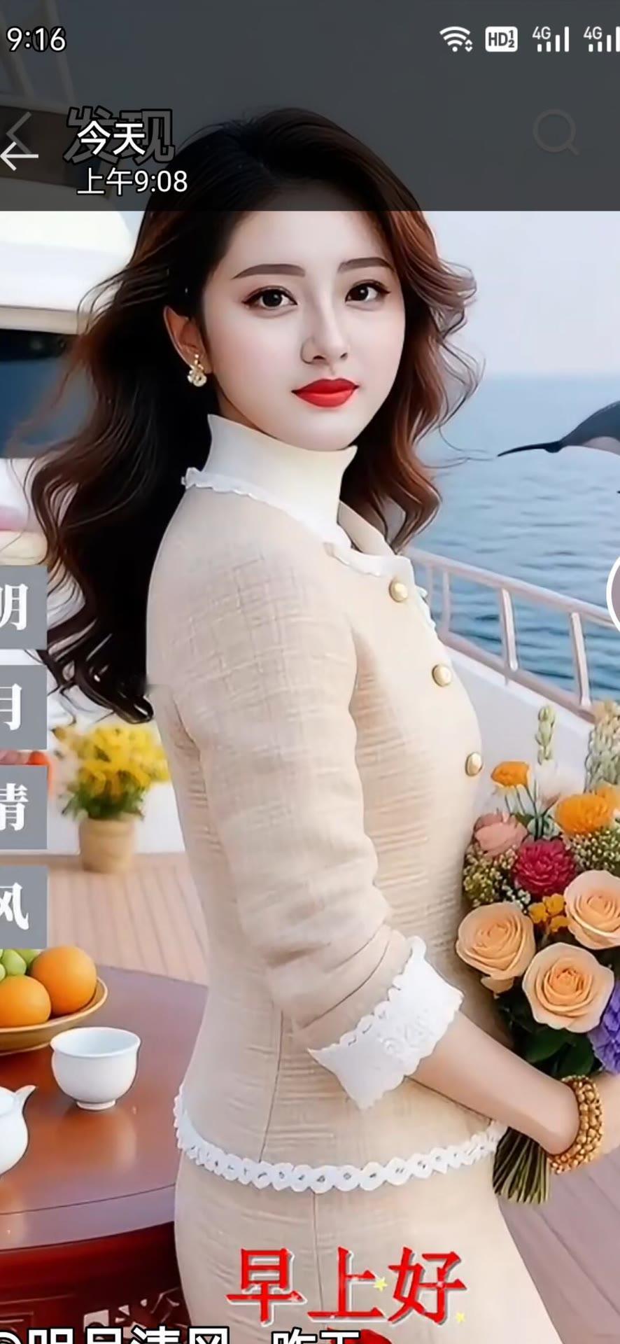 优雅的海边早晨，绽放的花朵与甜美的笑容相映成趣。