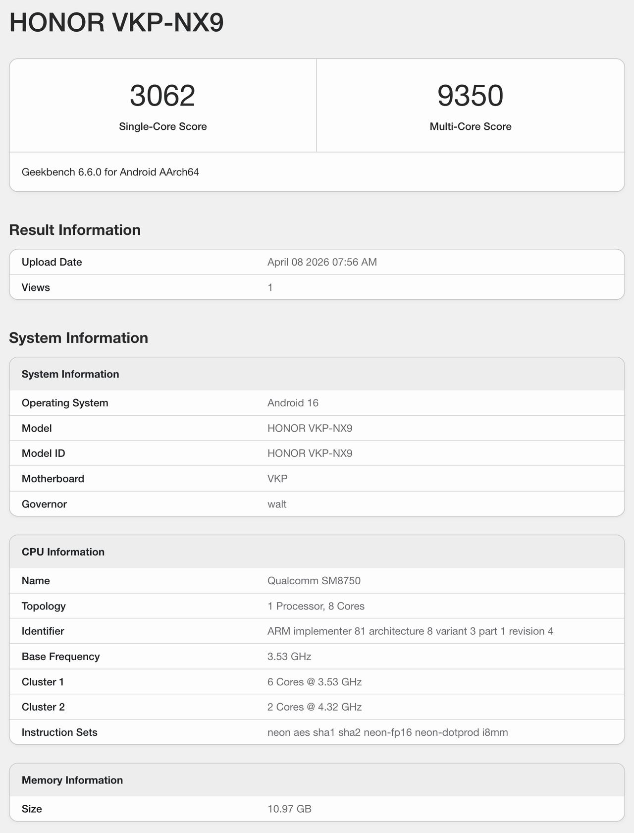 海外版荣耀 600 Pro 登上 Geekbench 6 官网，型号 VKP-N