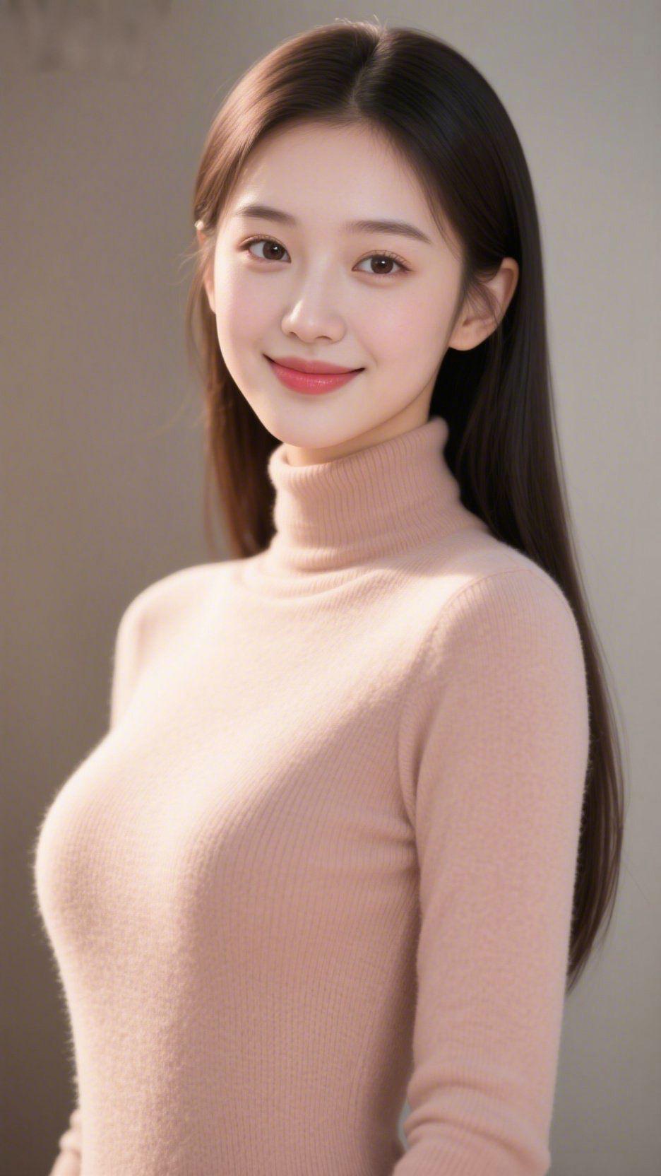 《浅杏针织的轻暖日常》
 
浅杏色高领针织裹着细密肌理，似揉开的晨雾般软和，妥帖