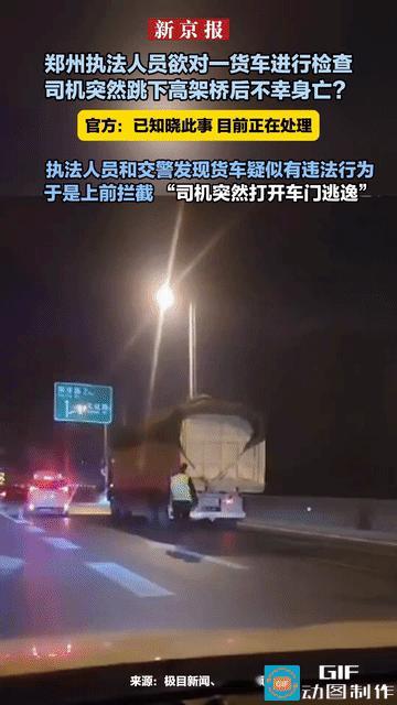 执法人员没能追上！河南，一货车在高架桥上被执法人员拦停后，司机突然打开车门，横穿