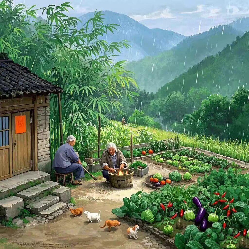 雨中农忙，
田园生活，
岁月静好。
 这是我老了以后羡慕的田园生活
