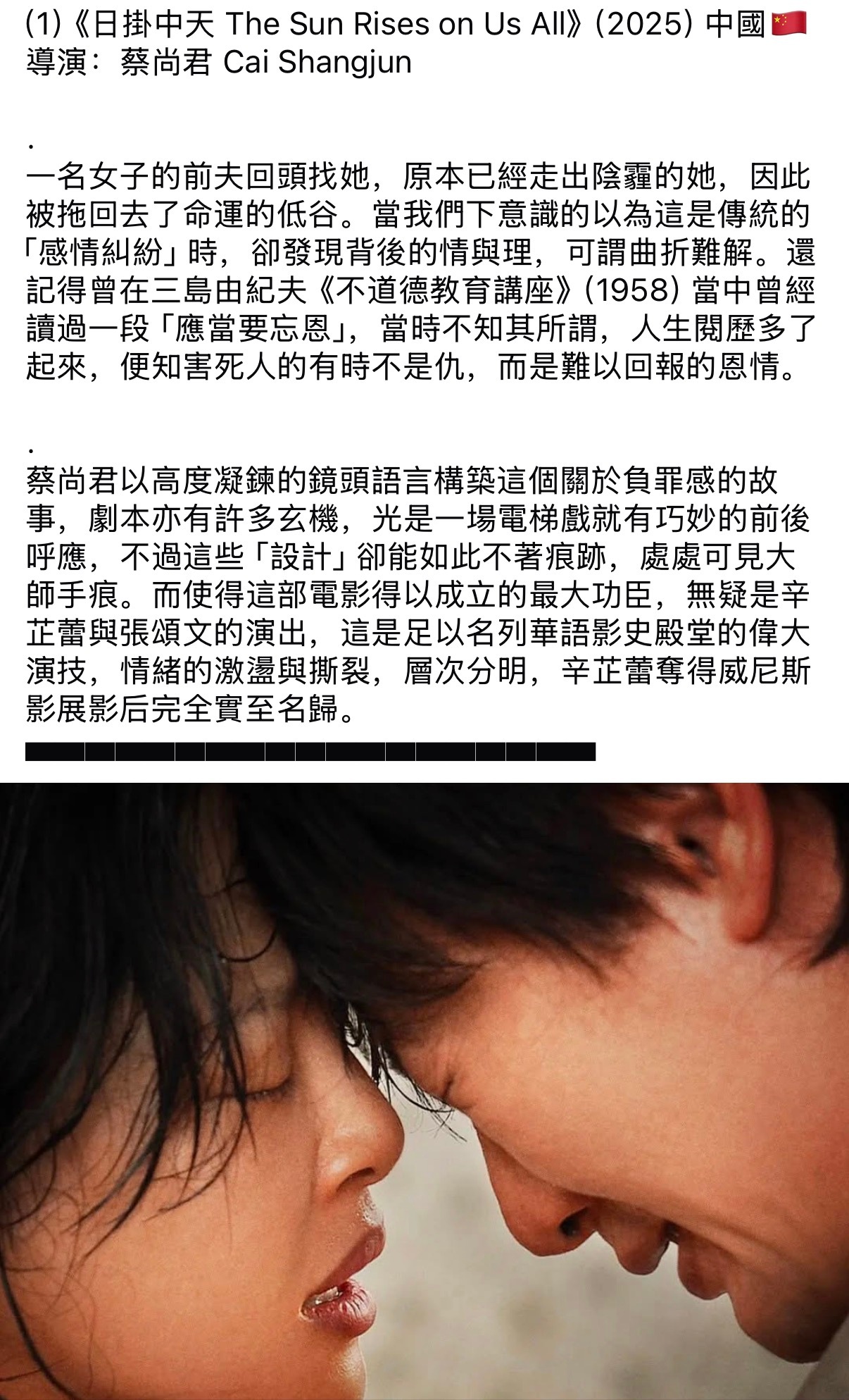 湾湾一知名影评人把《日掛中天》排在了2025年他最喜欢的华语电影TOP1跨年电影