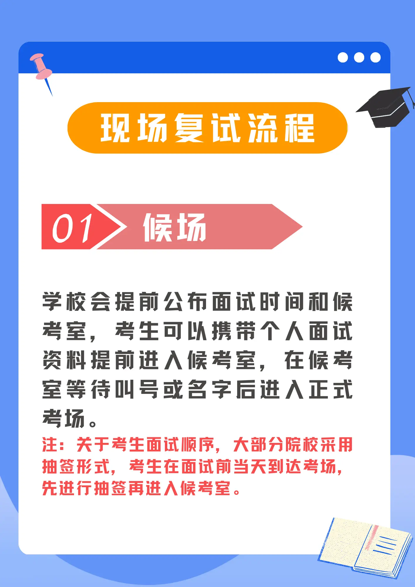 【考研复试】现场复试流程须知。除去极少数院校调剂复试采用线上形式，大部分院校已经恢复现场面试形式，现场面试流程是怎么样的？