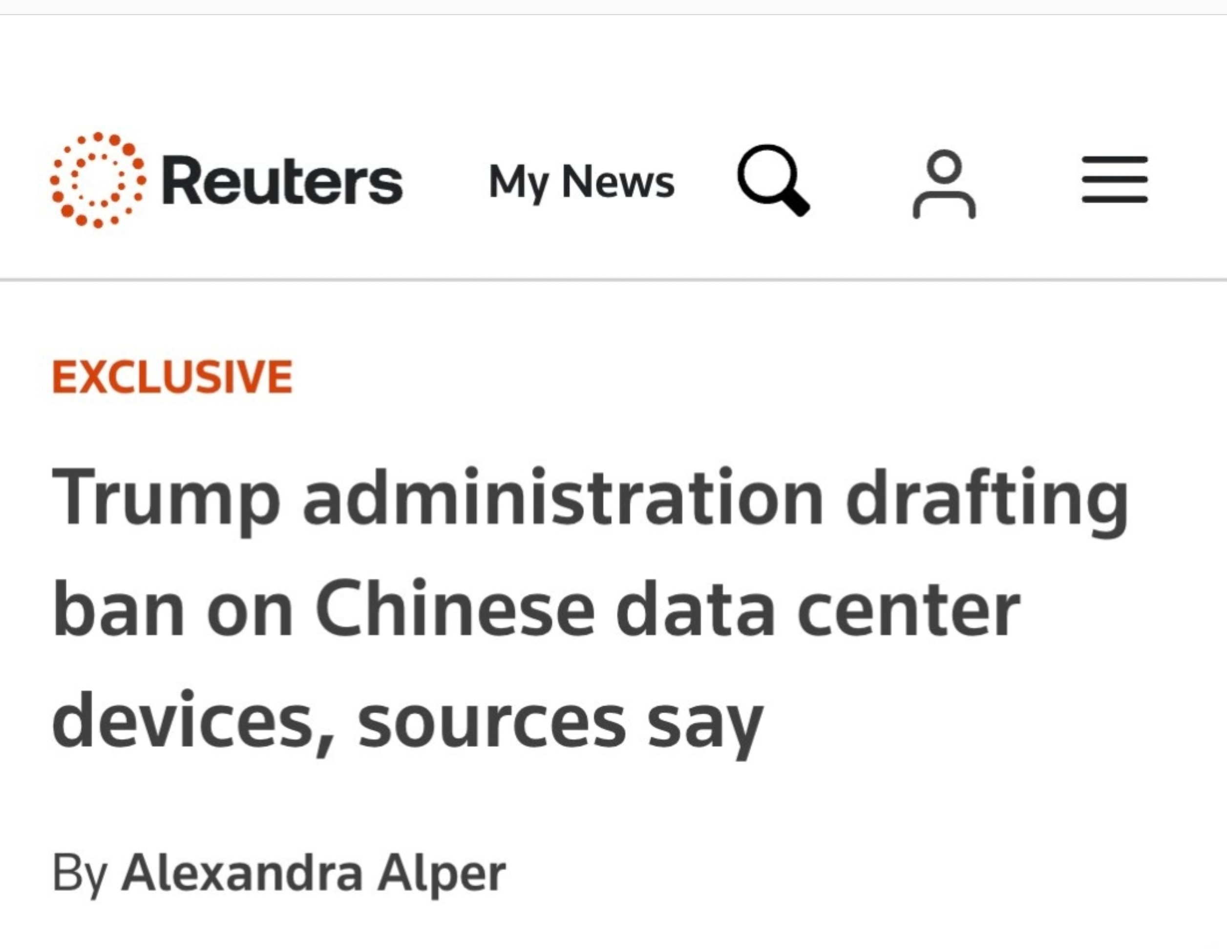 路透爆料称，特朗普政府正起草一项禁令，拟禁止美国所有企业，进口中国生产的新型数据