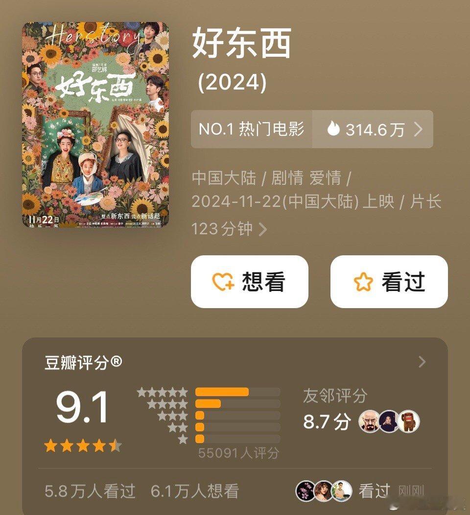 《好东西》豆瓣已经开分，9.1分，应该是今年评分最高的剧情片了（《里斯本丸沉没》