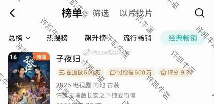 许凯 田曦薇《子夜归》25年7月至今腾讯古装独播剧第一拉新年榜最高16名 