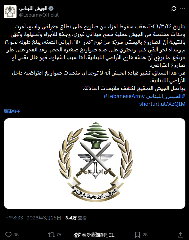 黎巴嫩军方称，3月24日，一枚伊朗制造的Ghadr-110中程弹道导弹携带集束弹