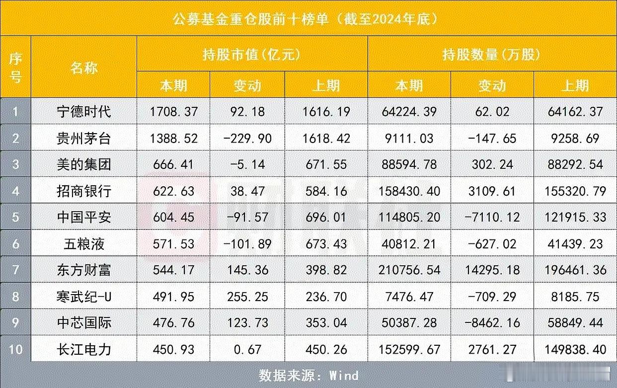 公募第一大重仓股揭晓 “宁王”登顶2024年四季报披露完毕，公募基金前十大重仓股
