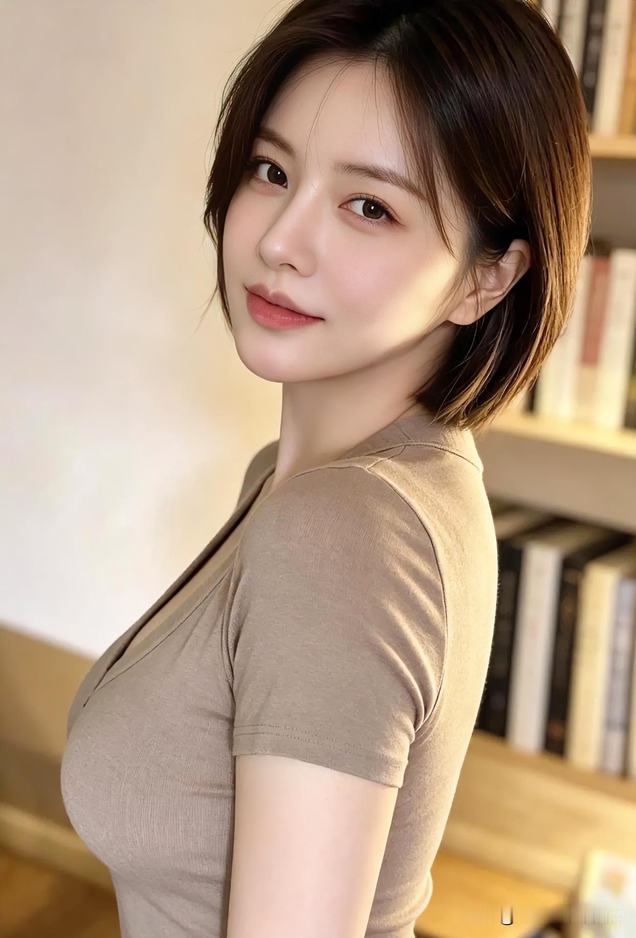 暖光漫过书脊，浅棕衣袂勾勒温婉轮廓。短发似墨，眼眸含星，于静谧间，流淌出知性而柔