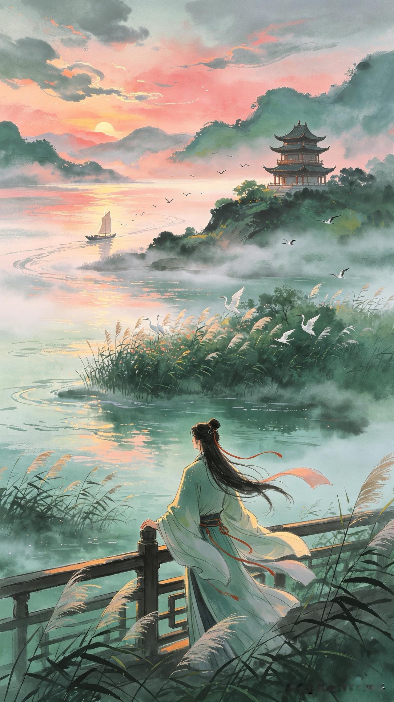 烟雨漫江春水愁，
孤帆远影逐云流。
楼台暮鼓随风散，
       
…………请