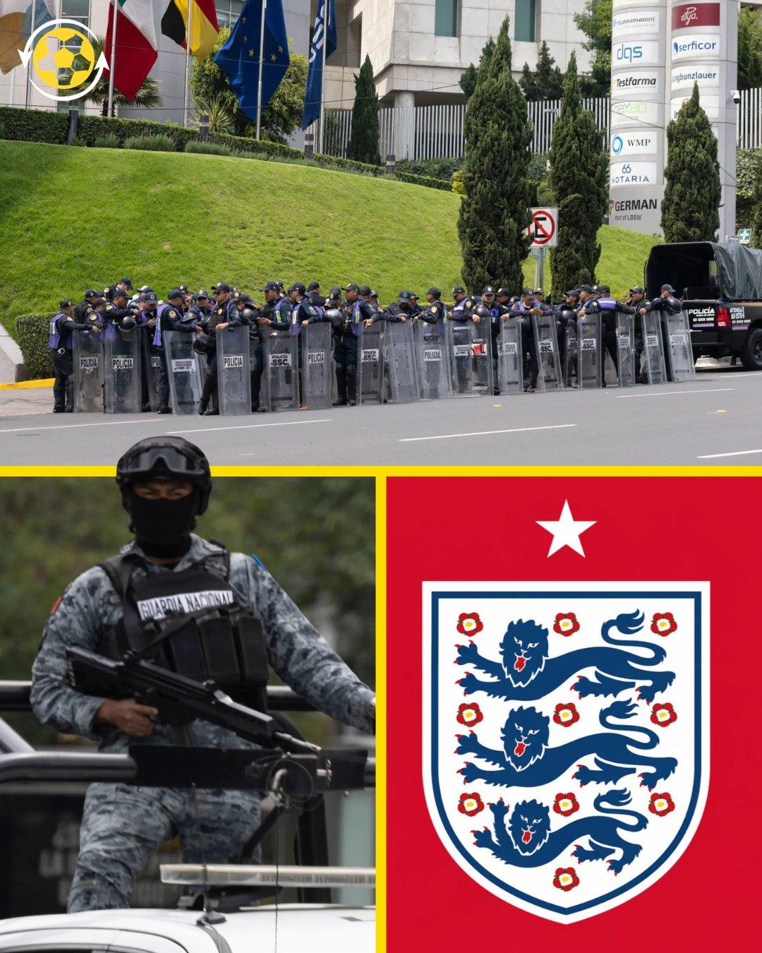 钢铁包围圈！英格兰队位于墨西哥城的下榻酒店已被层层严密安保构筑起“钢铁包围圈”。