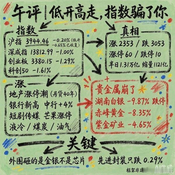 午评｜低开高走，指数骗了你中午收盘，说三个反直觉的点。1）指数比个股好看太多沪指