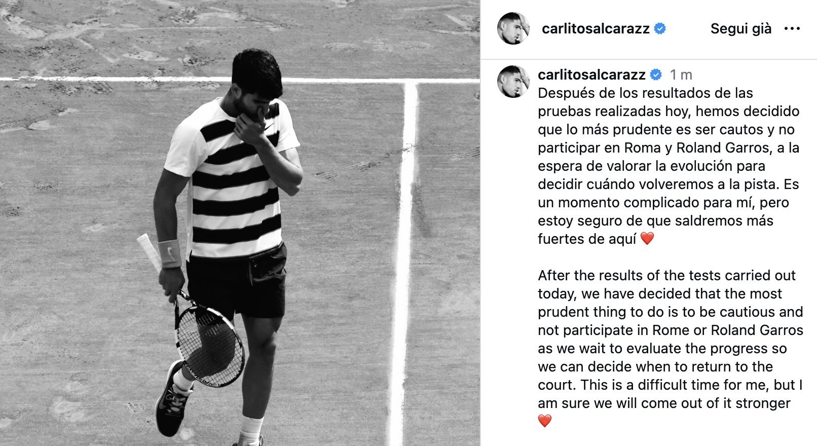 阿尔卡拉斯由于手腕伤势，宣布退出罗马大师赛和法国网球公开赛阿尔卡拉斯因伤退赛法网