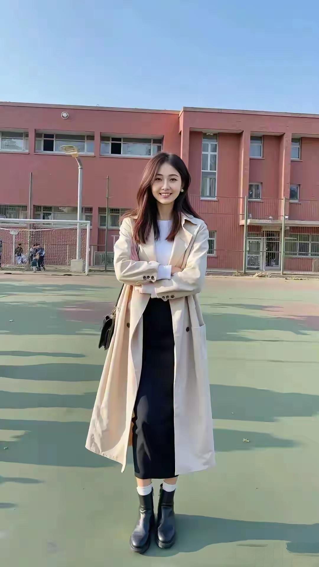 校园里的时尚少女，米色风衣搭配黑色裙装，青春与优雅并存！💕📸