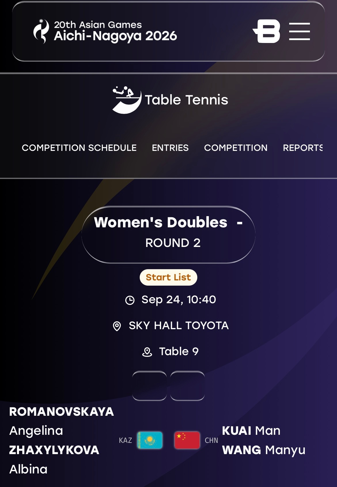 爱知名古屋亚运会 🏓赛事预告🏓女双 R322026.9.24 9:40 T9