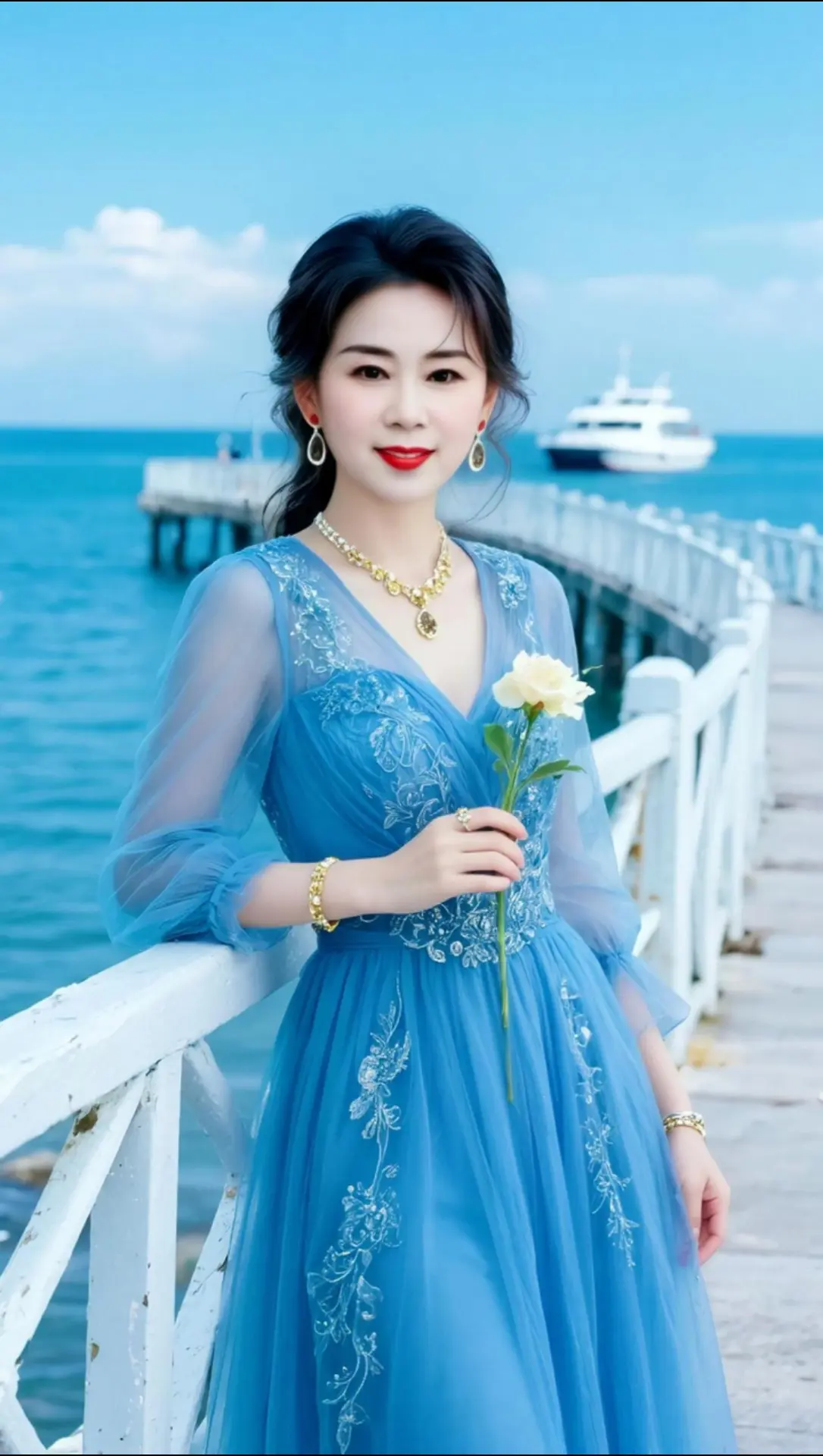 AI海畔蓝裙照 ai创作