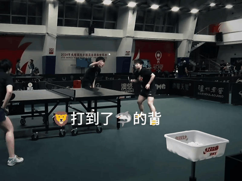 大头打到莎莎了，这个球直接从莎莎的背后飞上去了。[捂脸]
大头：这球真上啊。
莎