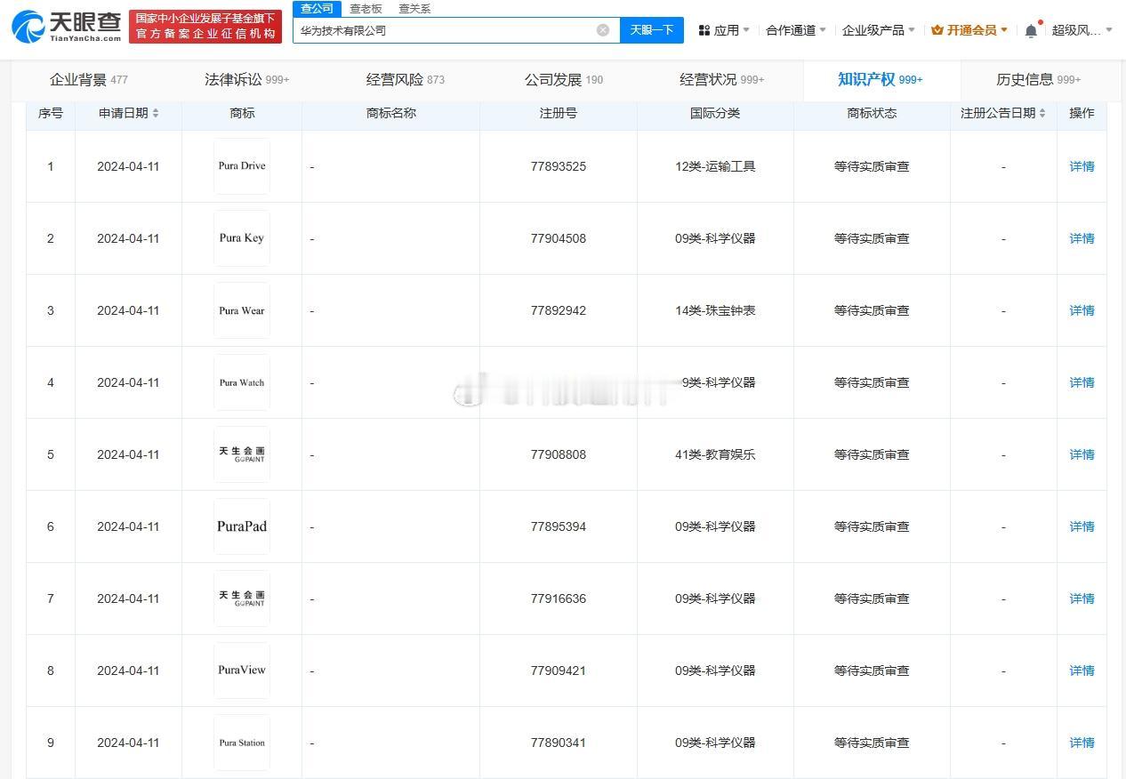 【华为注册Pura Pad、Pura Watch等多个商标】日前，华为技术有限公
