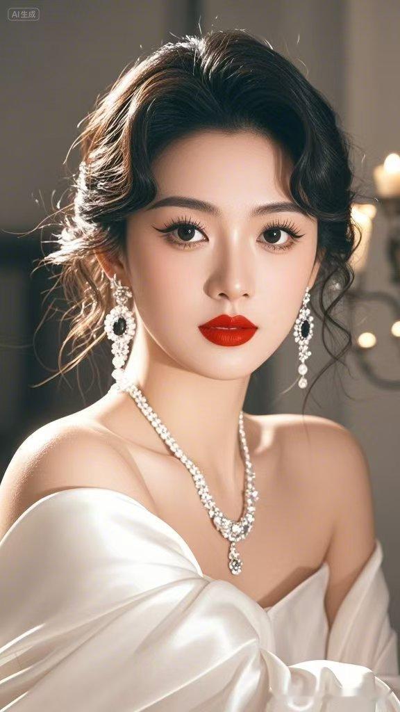 复古韵味美人明艳动人，浓郁红唇搭配温润珍珠饰品，温婉又自带矜贵气场。举手投足间雅