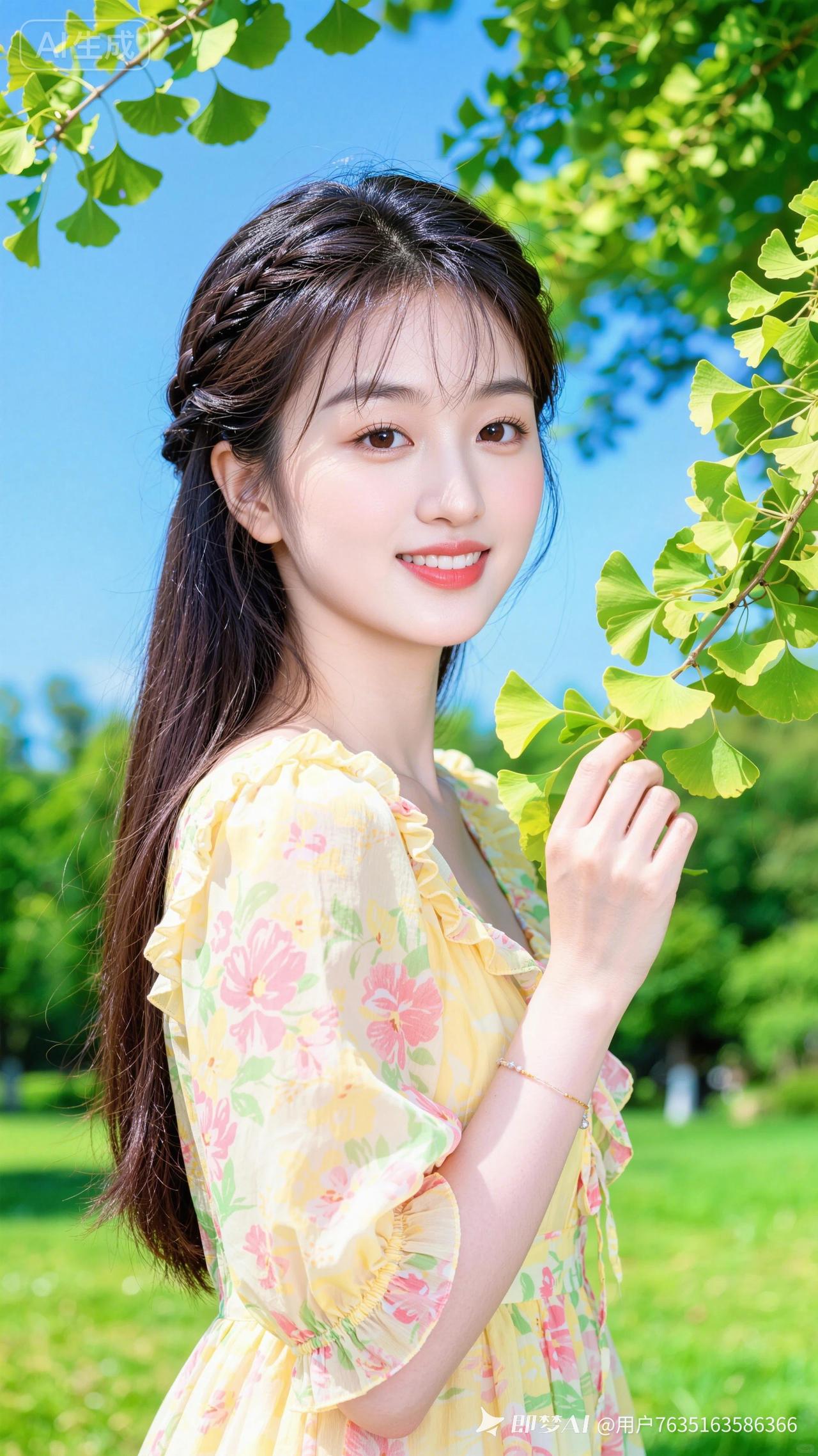 阳光正好，花裙轻扬，她笑靥如花，指尖轻触银杏叶，把整个夏天都藏进了温柔里。