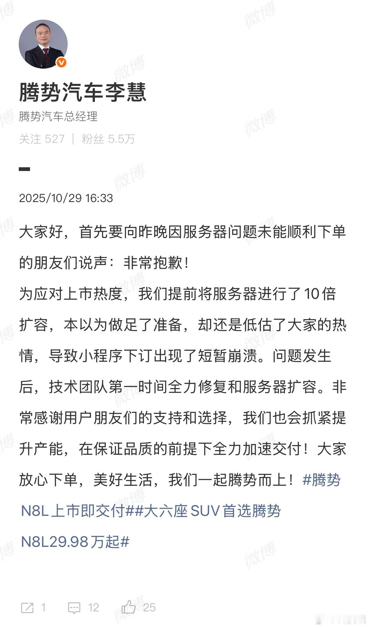 腾势N8L上市引发服务器崩溃，提前10倍扩容都没挡住 ​​​