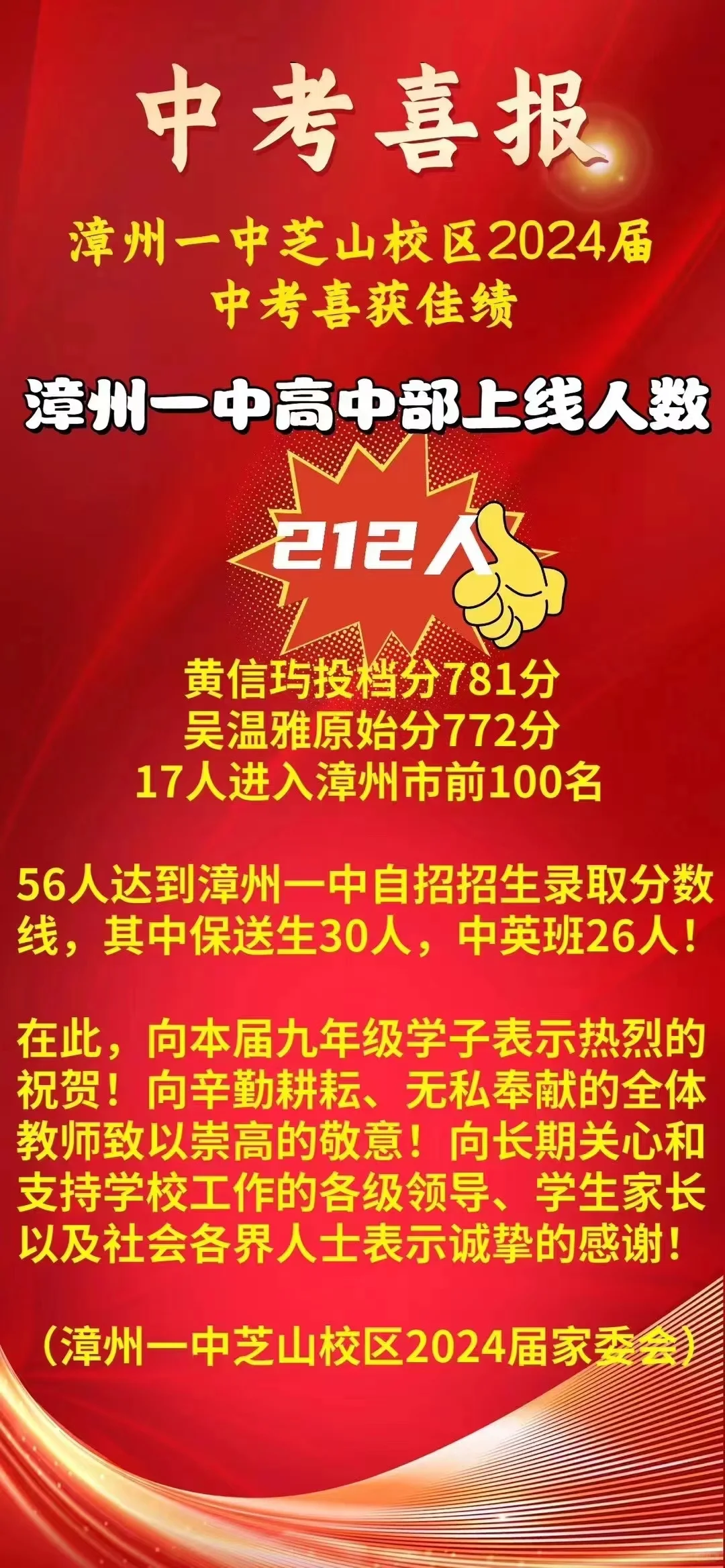 中考喜报 漳州一中芝山校区2024届
