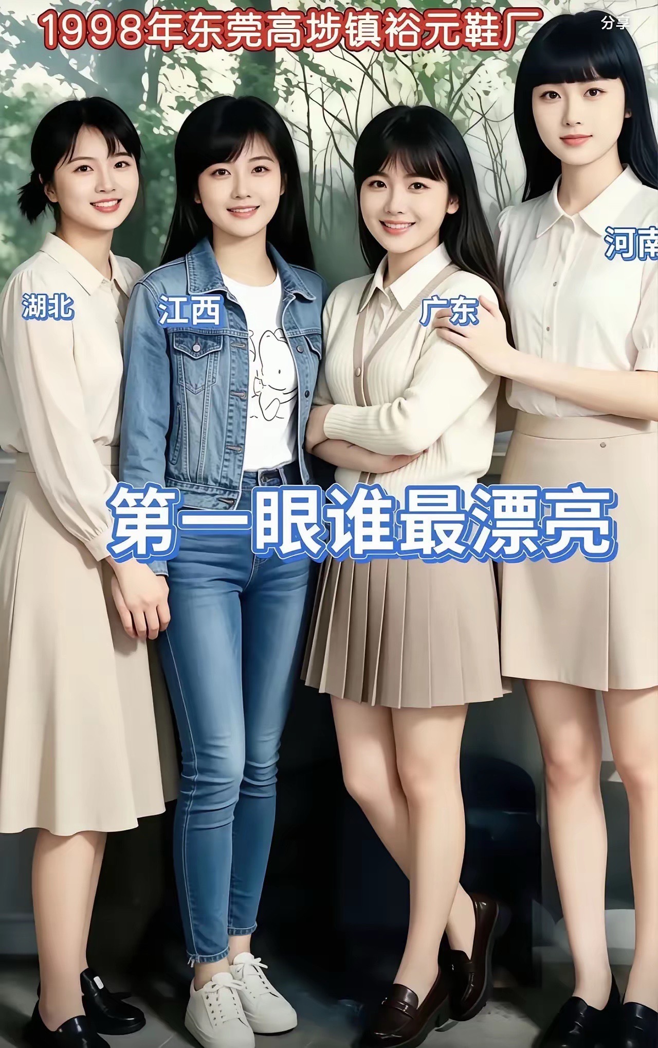 1998年东莞裕元鞋厂，四位来自不同省份的打工姐妹合影。湖北、江西、广东、河南姑