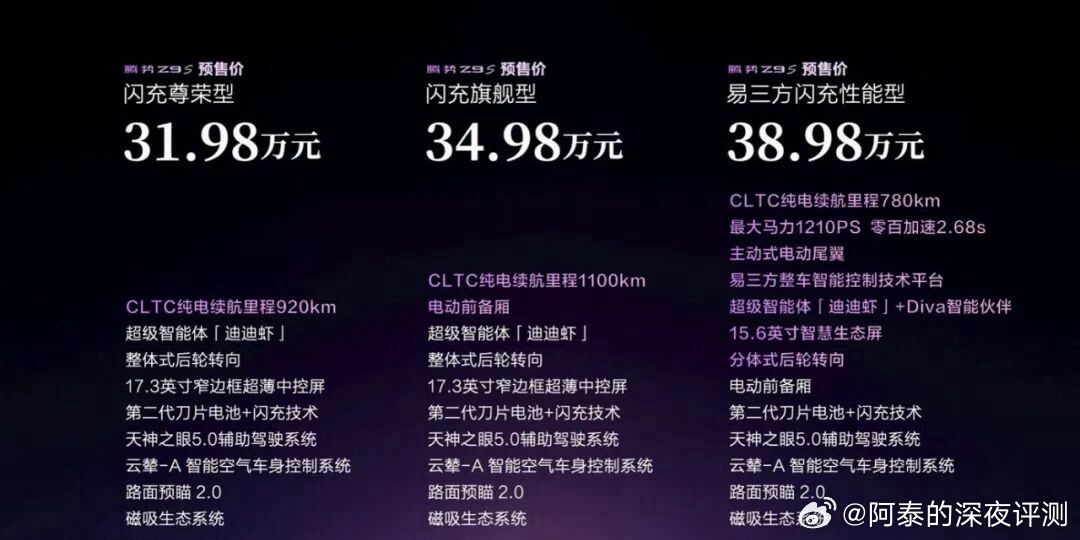 昨晚，腾势全新科技豪华智能轿车Z9S正式开启预售，预售价31.98万-38.98