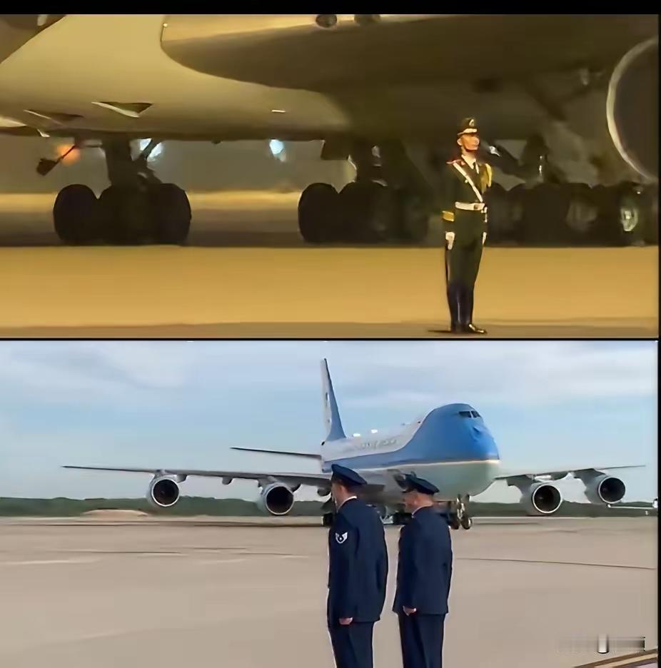 空军一号降落时，美方特意安排两名士兵，选的角度跟几天前中国士兵的拍摄机位几乎一样