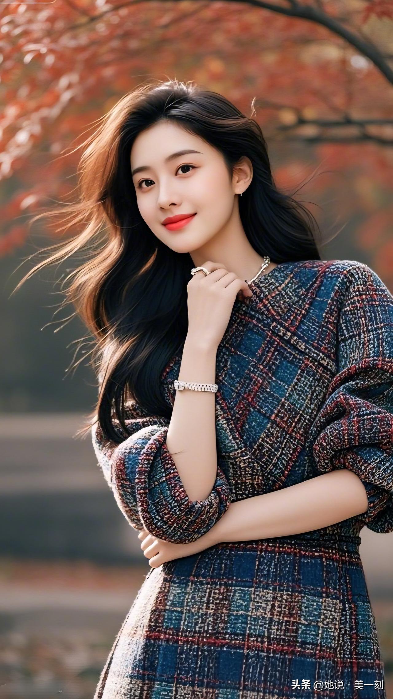 秋日暖阳下，温柔少女与红叶相映成趣🍂🌸生活的美随手拍