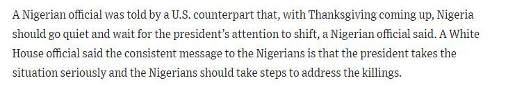 据《华尔街日报》援引尼日利亚官员的话报道，一位美国官员私下建议尼日利亚“保持沉默