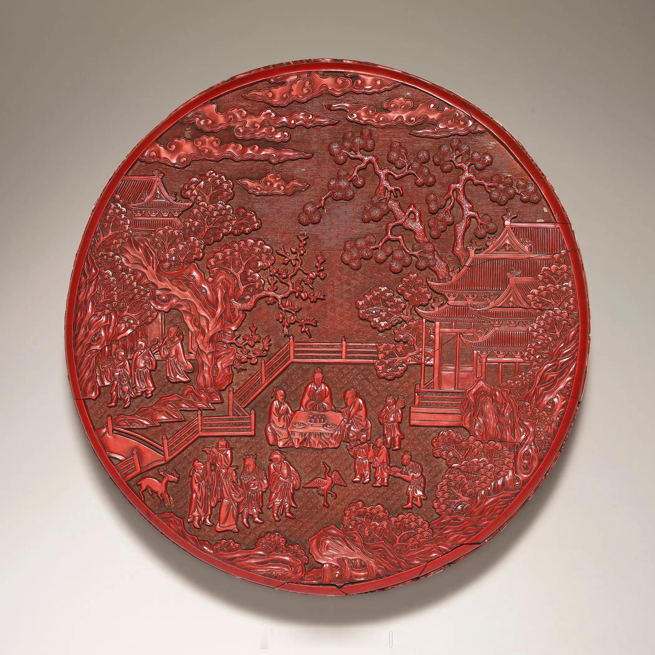 髹饰录 | 明永乐 剔红八仙祝寿图盖盒「大明永乐年製」楷书刻款尺寸：直径 31.