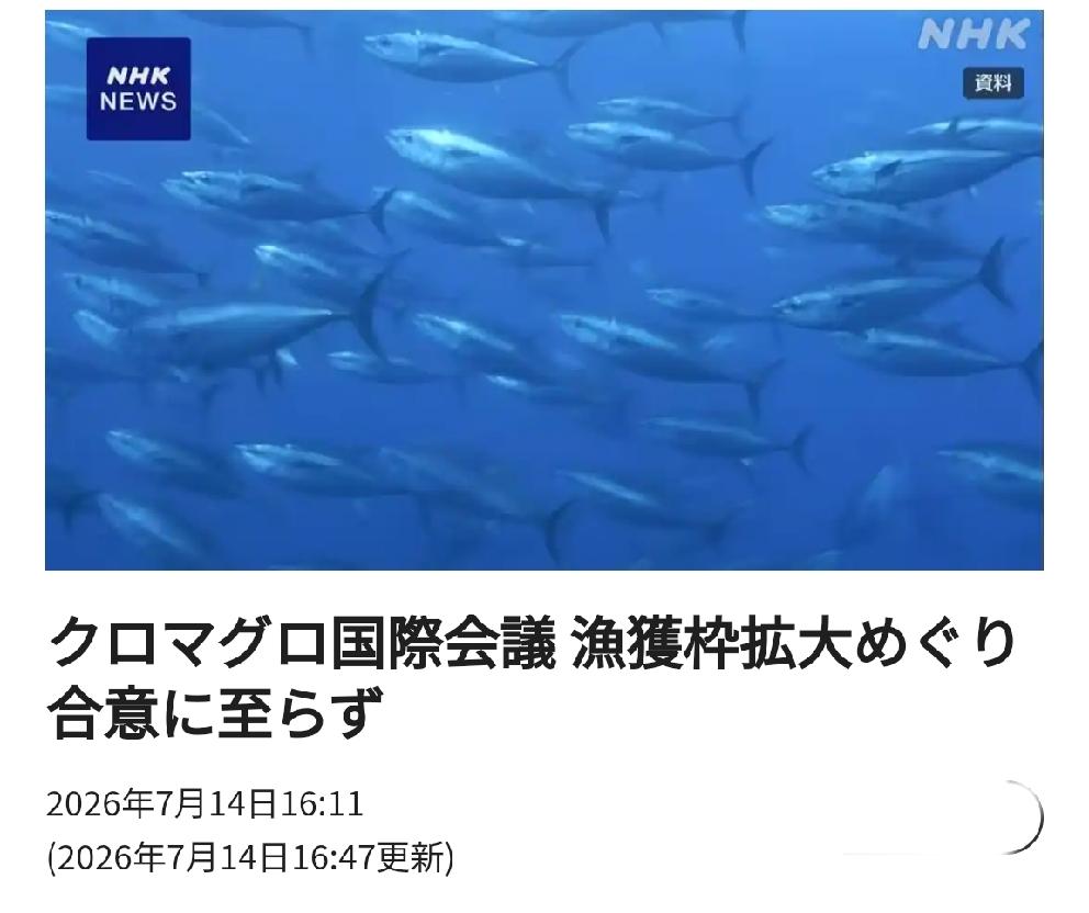 蓝鳍金枪鱼国际会议未能就扩大捕捞配额达成一致
       北京时间日媒7月14