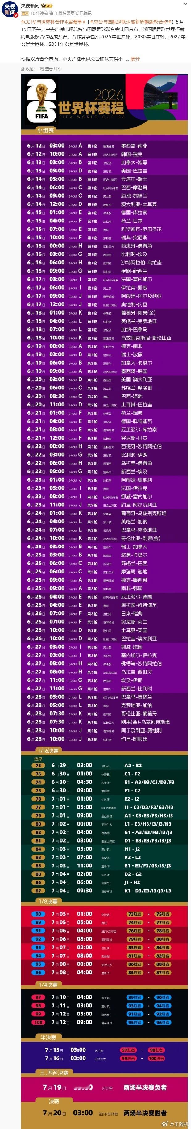 中央广播电视总台与国际足联达成新周期版权合作，消息称 2026 年美加墨世界杯版