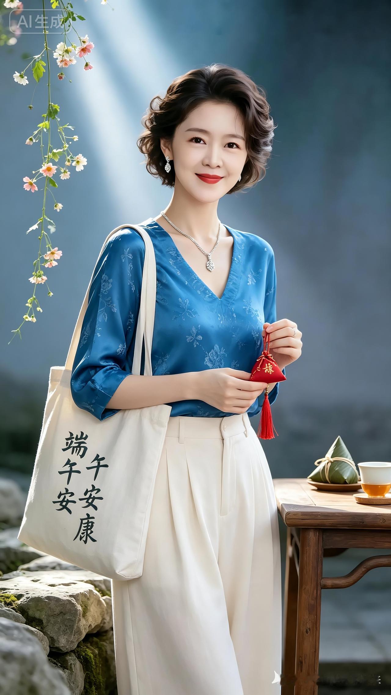 她手持红香包，宝石蓝丝衫配米白阔腿裤随风轻摆。深棕卷发低盘，耳饰闪微光，米白包印