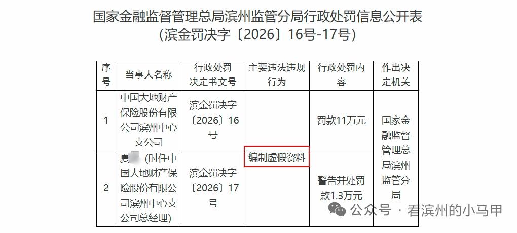 滨州大地财产保险公司及时任总经理被罚

滨金罚决字〔2026〕16-17 号文书