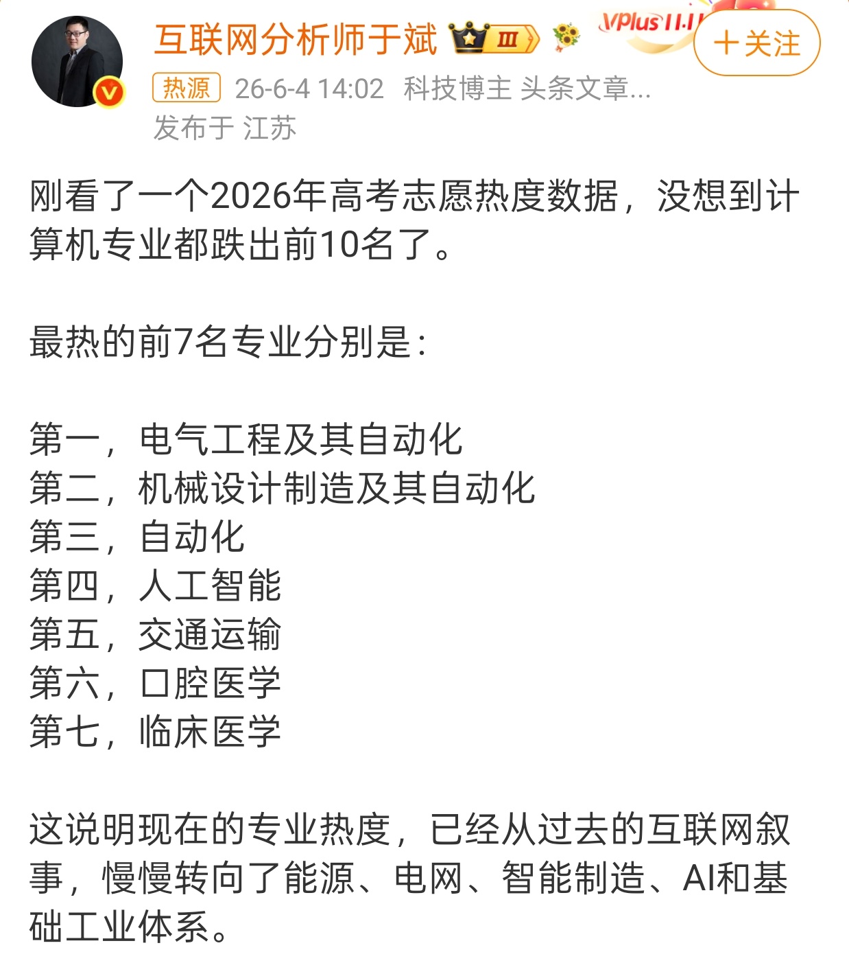 高考志愿热度 计算机跌出前十当年的必选热门专业，如今成了垫底专业！未来最热门的肯