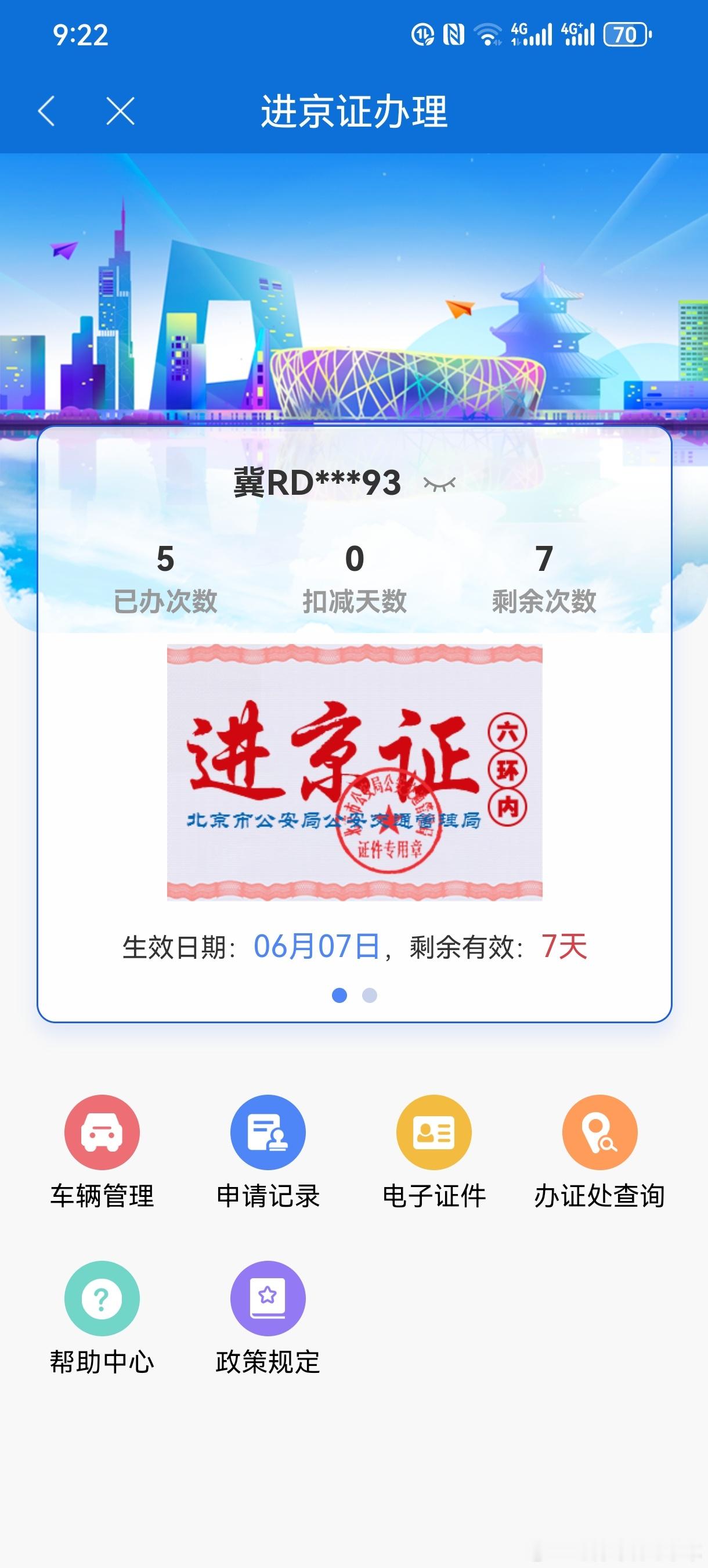 6月7日生效的六环内进京证。6月8日被拍违法，理由是“外埠车违反进京通行禁令”。