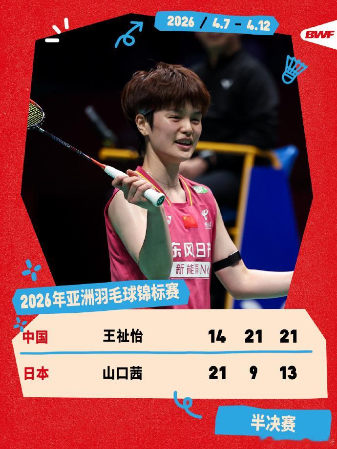 王祉怡晋级亚锦赛决赛 亚洲羽毛球锦标赛女单半决赛，王祉怡在14-21先失一局的情