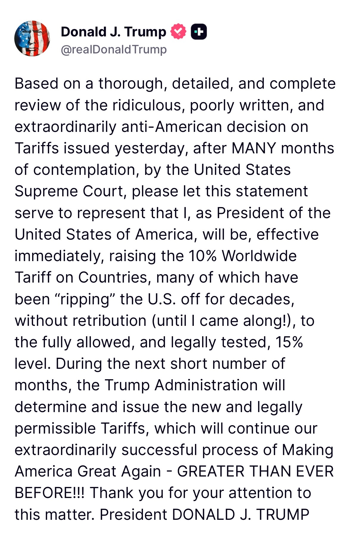 美国总统特朗普刚刚在社媒发文，宣布即日起将全球关税从10%上调至15%，并称此举