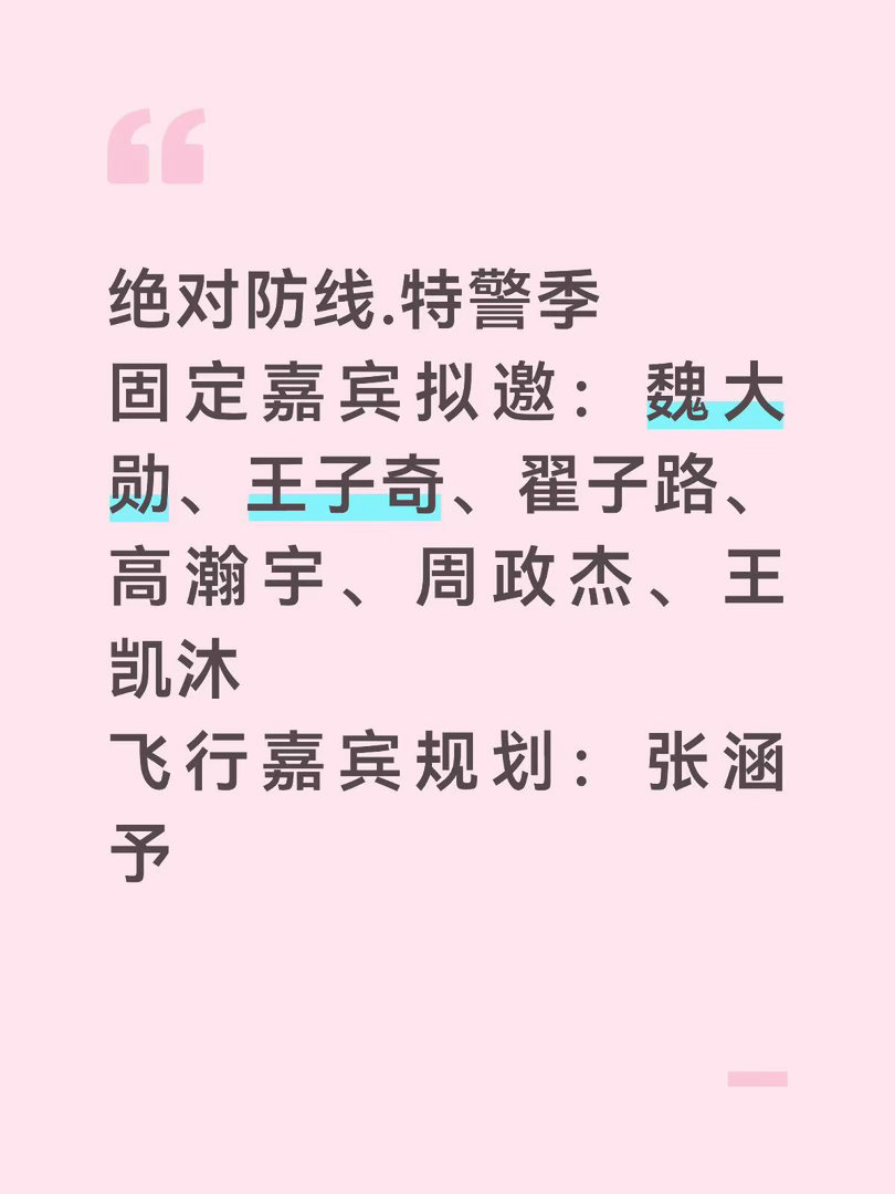 绝对防线.特警季固定嘉宾拟邀：魏大勋、王子奇、翟子路、高瀚宇、周政杰、王凯沐飞行