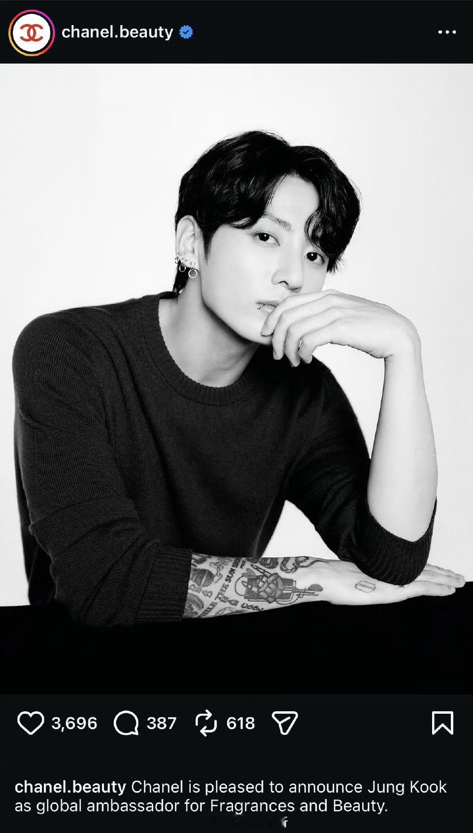 田柾国官宣香奈儿全球 爱豆谈恋爱是大罪 简直对他毫无影响啊 