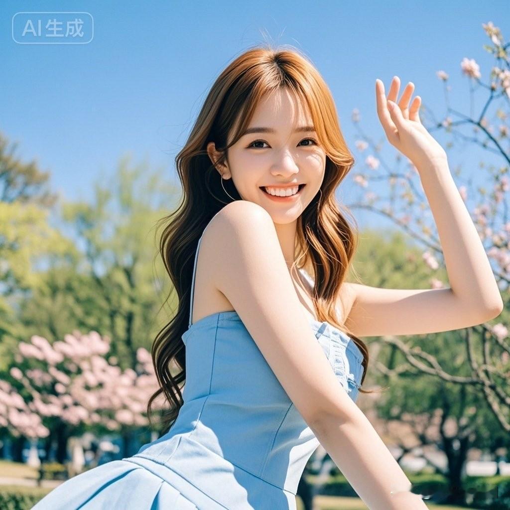 一个女孩在花田里微笑。