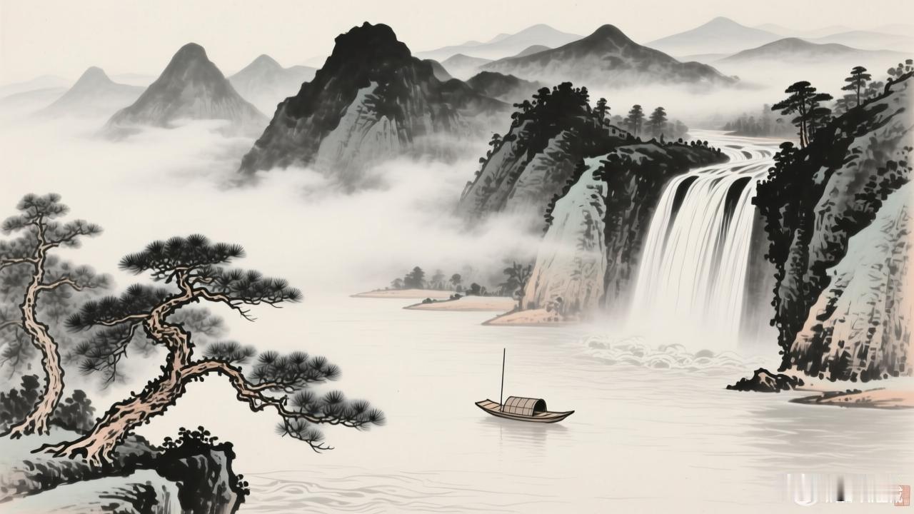 画面中远山如黛、云雾缭绕，瀑布飞流，江上一叶孤舟，尽显东方水墨的空灵意境。希望您