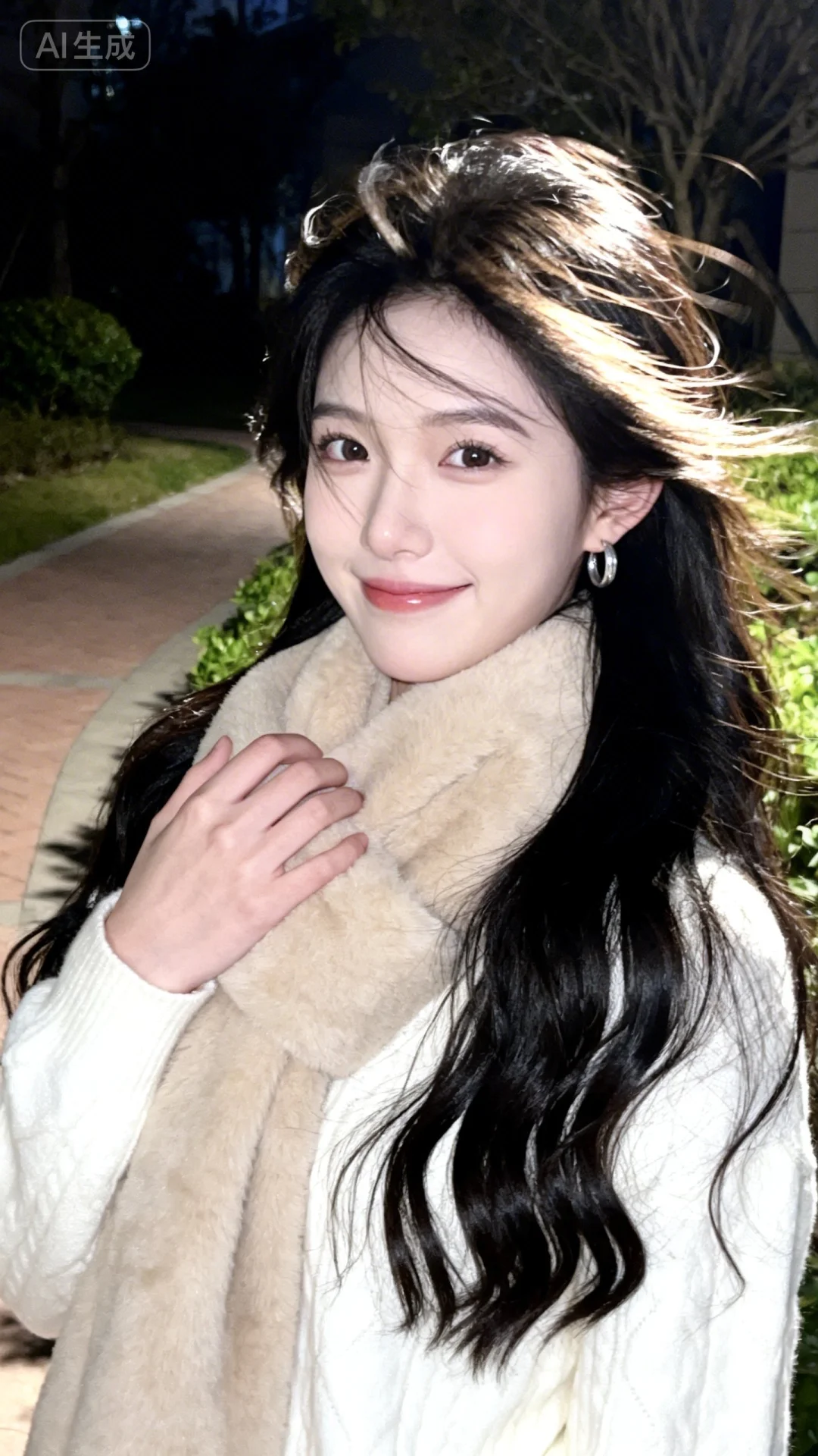 漂亮女生，23岁网红女，冷白皮。黑色长卷发（被风吹动，略显凌乱），发丝发光韩系白