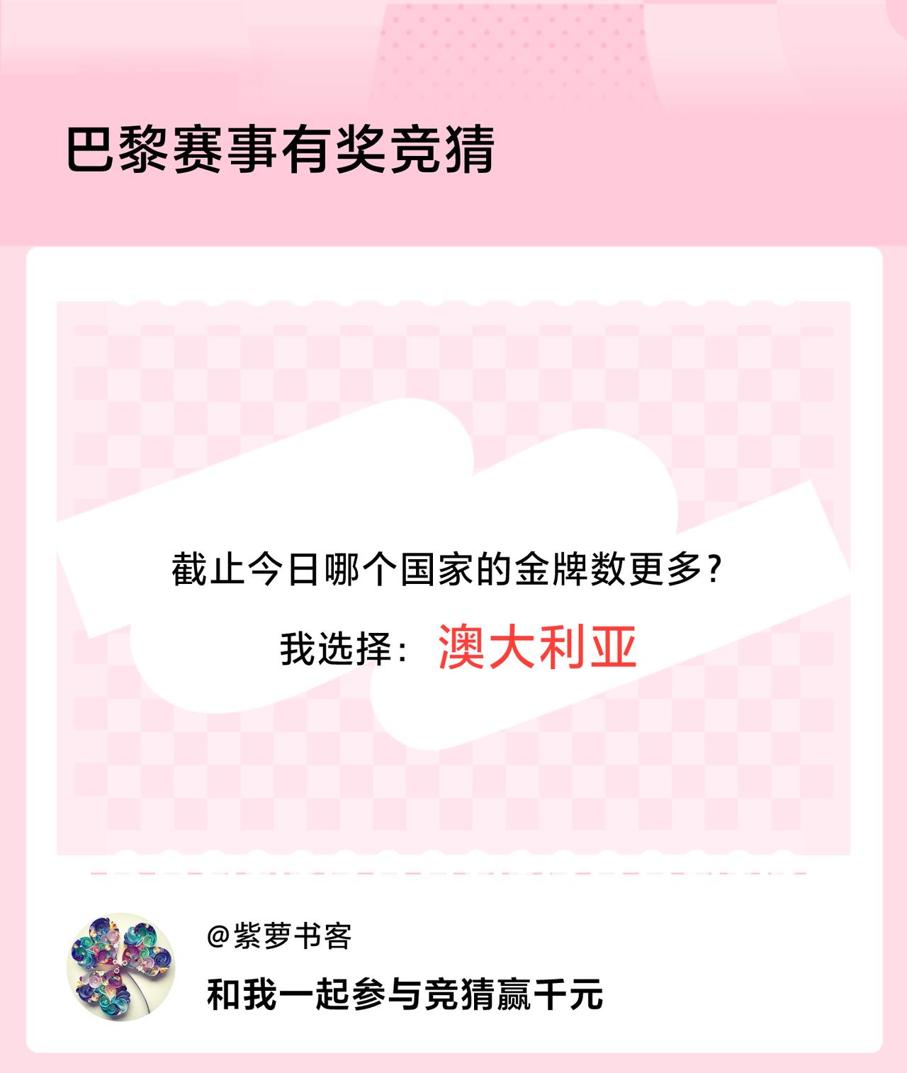 巴黎赛事有奖竞猜截止今日哪个国家的金牌数更多？我选择：澳大利亚，竞猜赢千元>