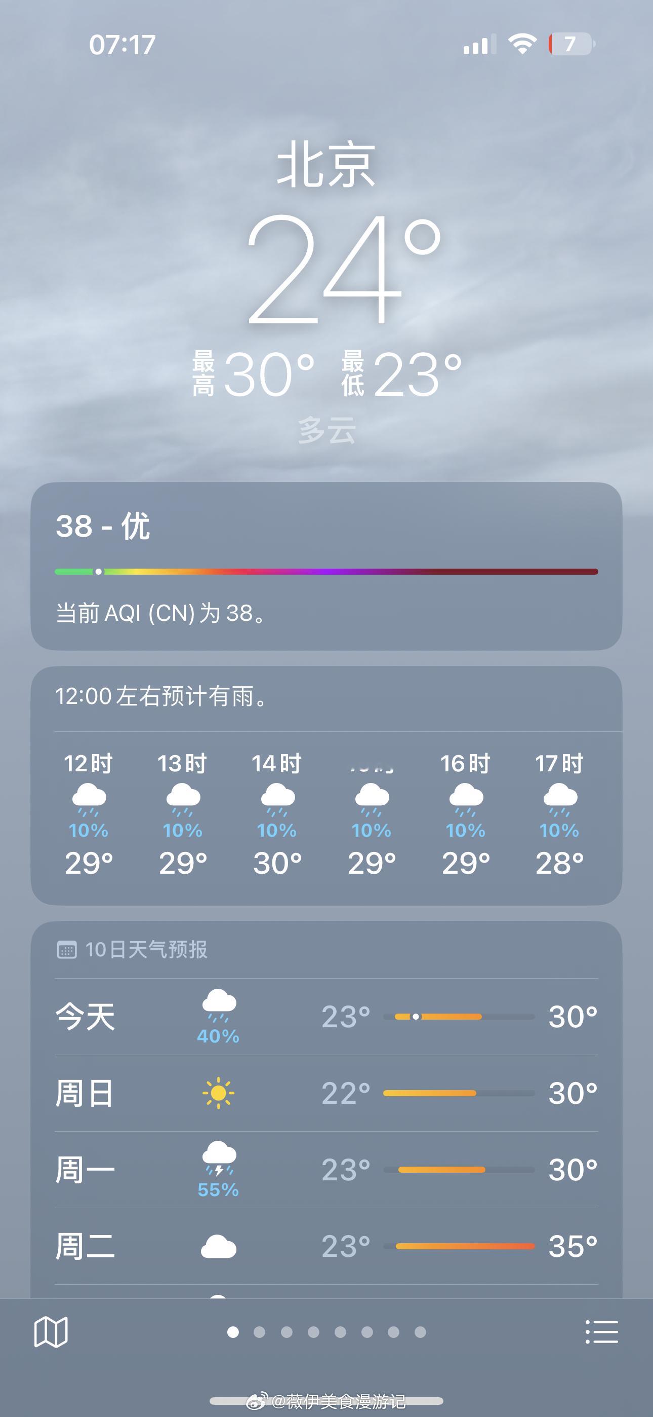 周末北京有雨局地强度较大12点开始下雨🌧️终于要凉快点了～捡💩官提前遛狗🐕