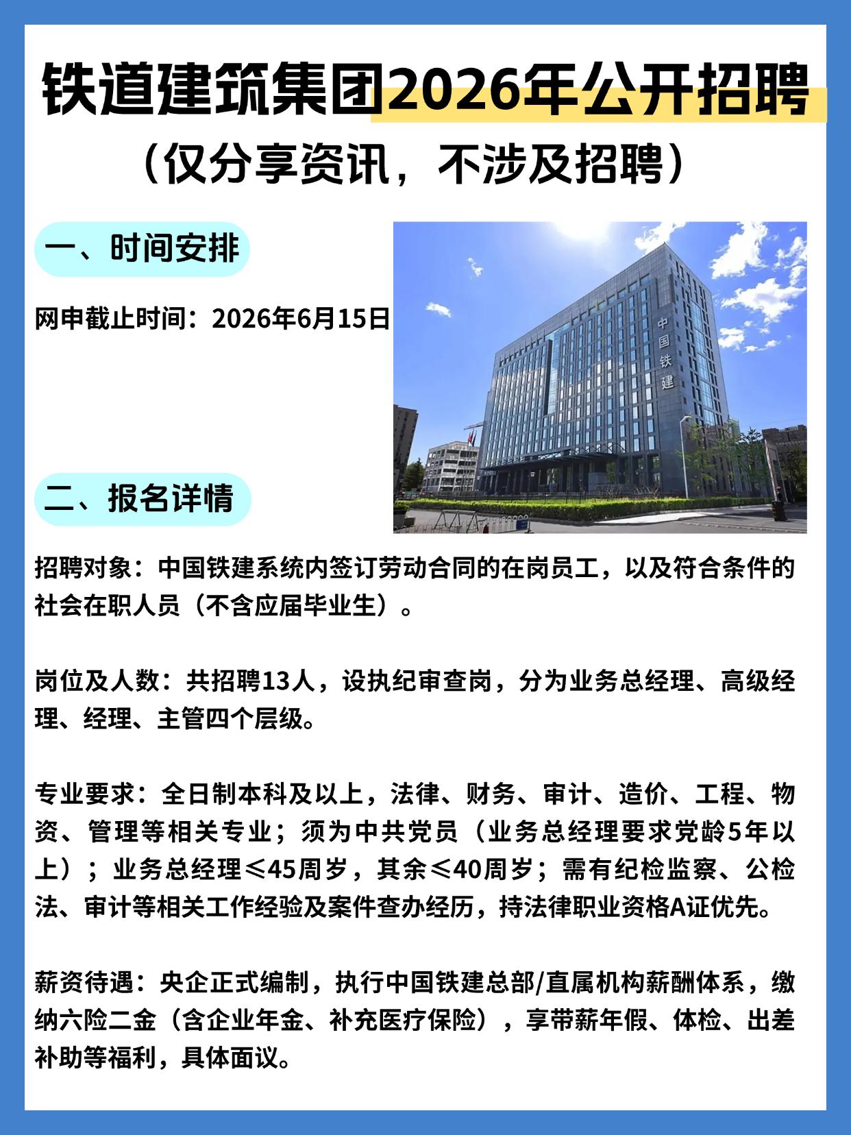 同学们，近期铁道建筑集团放出了2026年的招聘公告，这可是实打实的央企总部直属机
