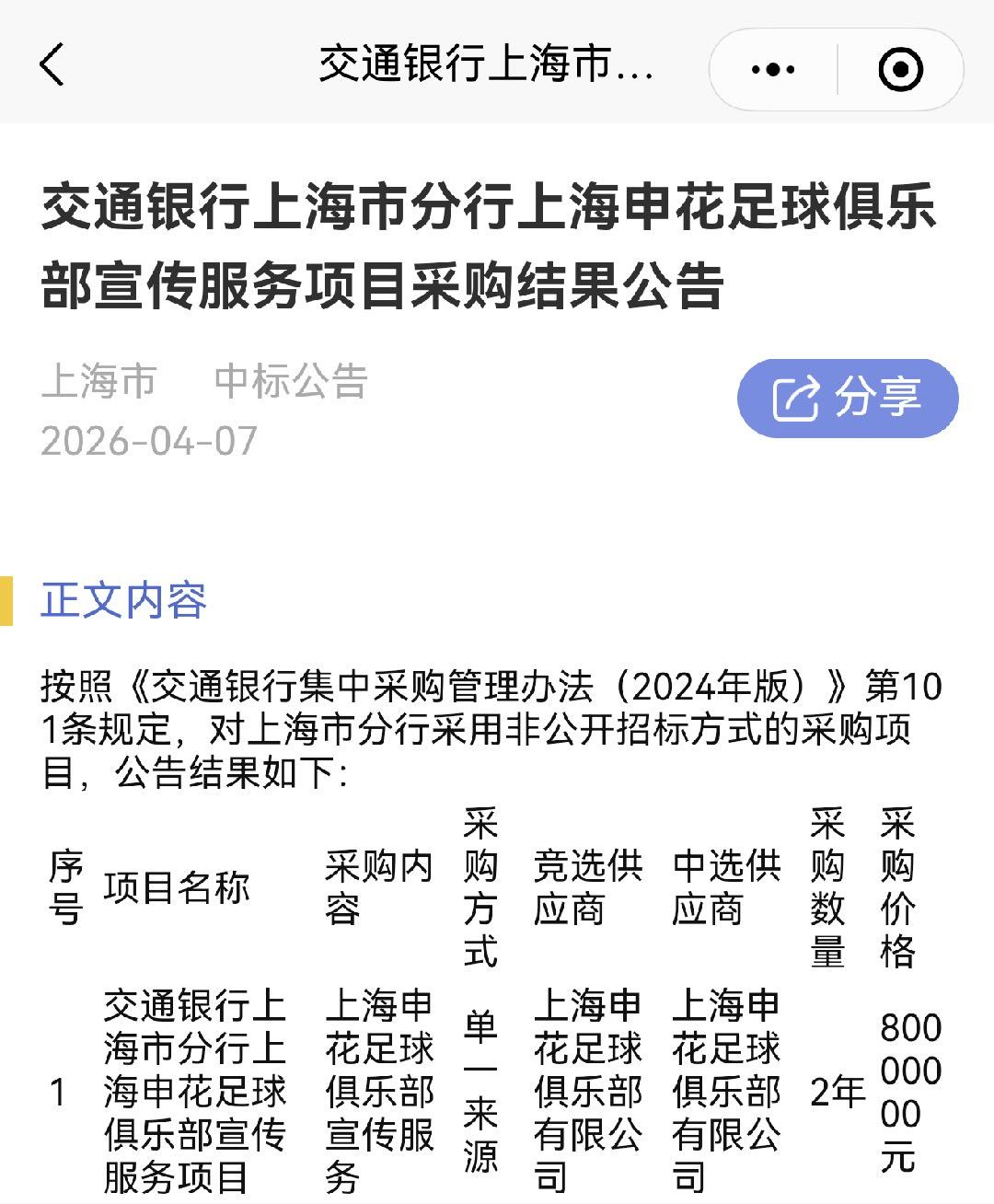 交通银行上海市分行上海申花足球俱乐部宣传服务项目采购结果公告显示，胸前广告的中标